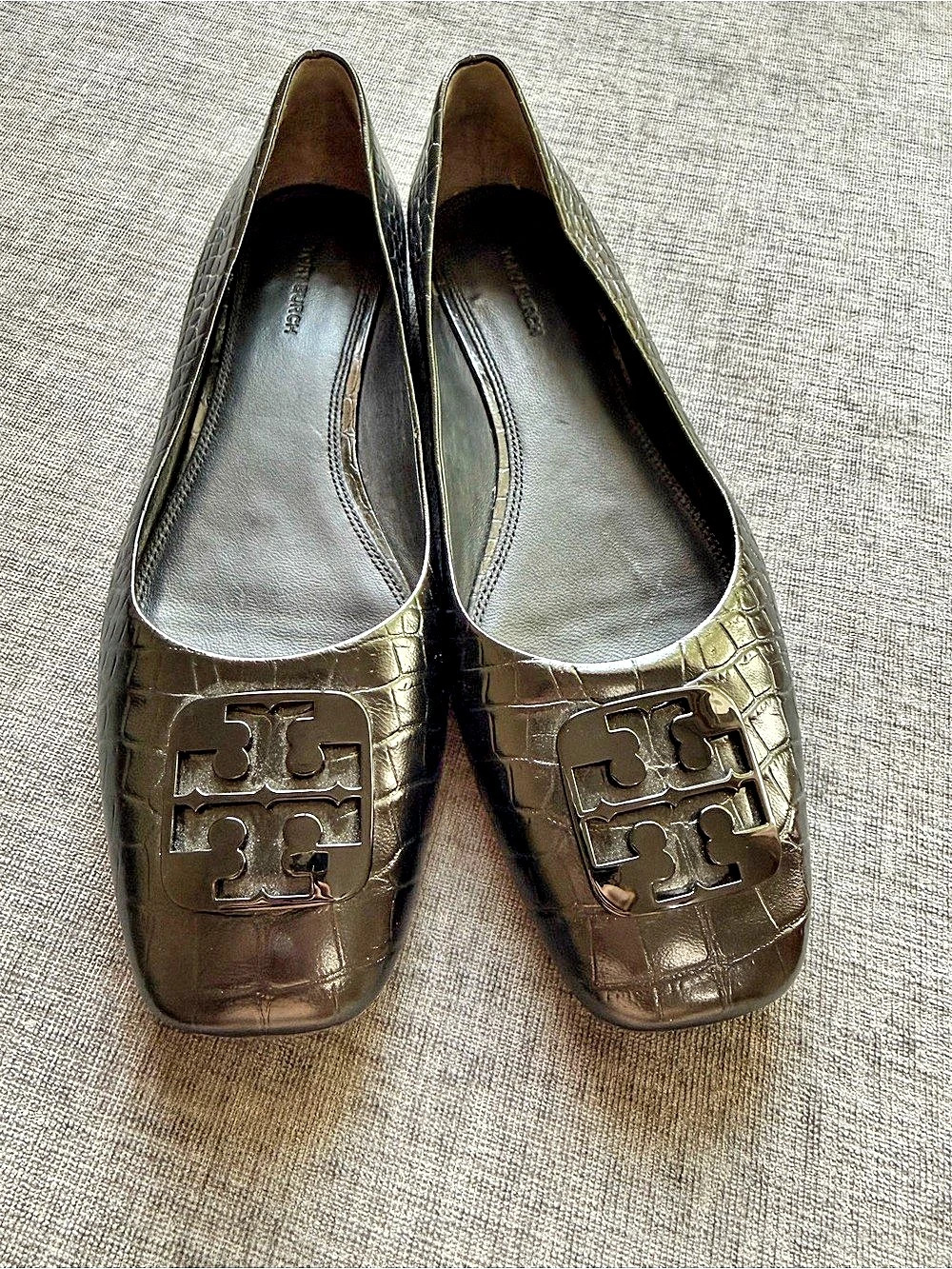 Tory Burch Georgia Croc Embossed Leather Ballet Flat Black Sz 11